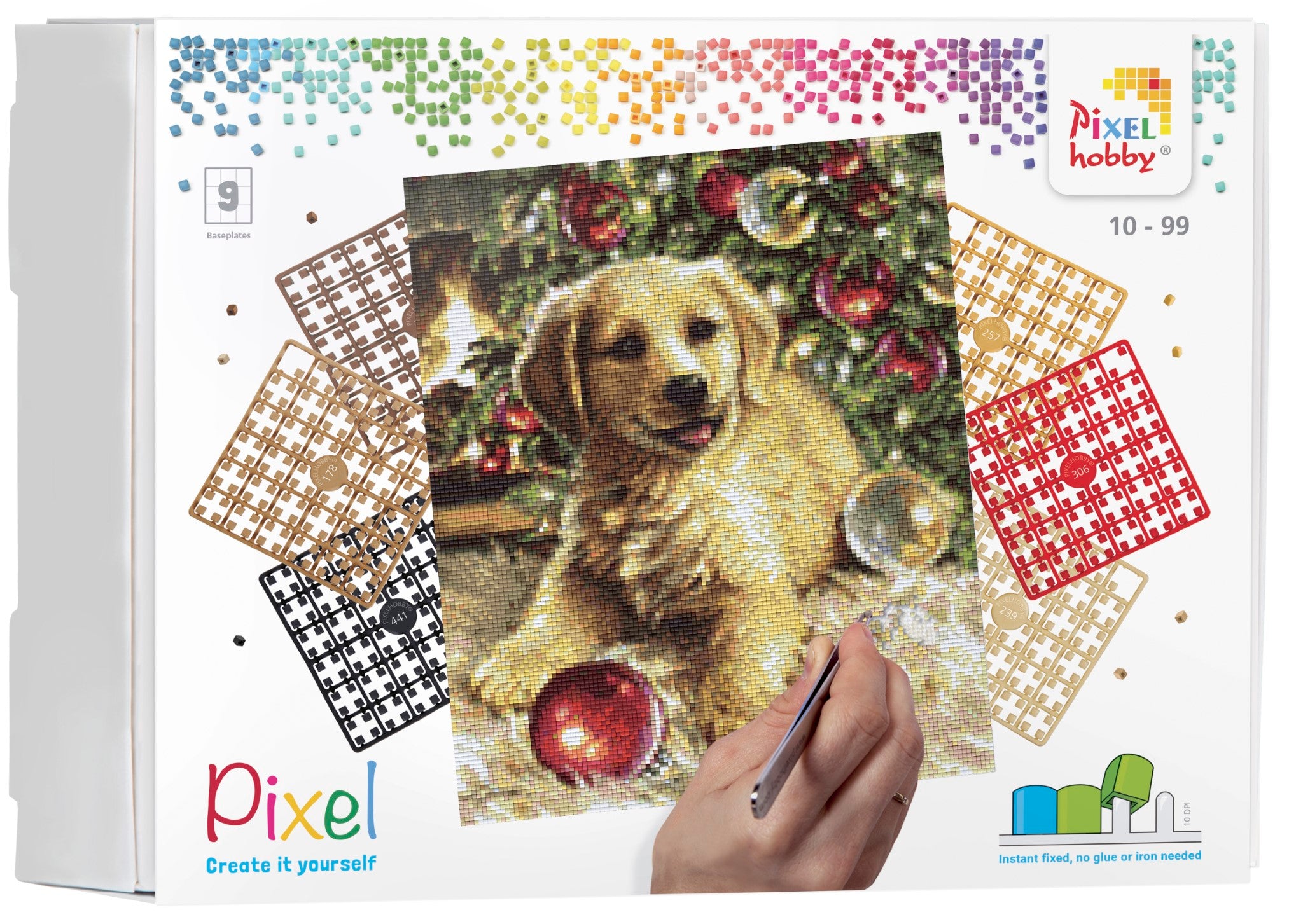 Pixelhobby Set mit 9 Basisplatten - Golden Retriever unterm Weihnachtsbaum