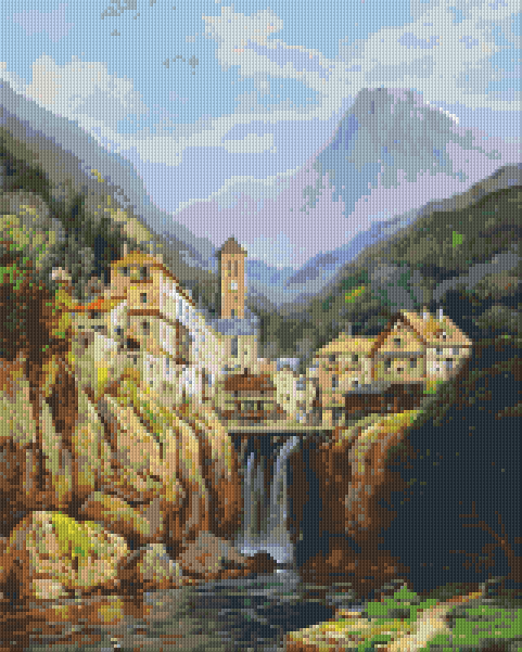 Pixelhobby Klassik Vorlage - Bergdorf mit Wasserfall