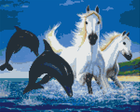 Pixel hobby classic template - dolphins with horses at the lake